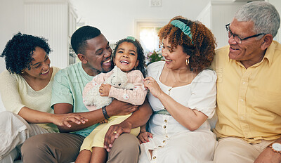 Buy stock photo Black family, laugh and living room couch with bonding, parent love and care in home. Lounge, happiness and children with mom and dad together feeling happy with a hug on a sofa with mama and dad