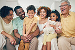 Black family, kids and living room sofa with bonding, parent love and care in home. Lounge, happiness and children with mom and dad together feeling happy with a hug on a couch with mama and father