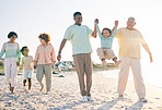 Family, grandparents and kids at beach, holding hands and jump with swing, happiness or bonding on holiday. Parents, children and senior people for love, vacation or summer sunshine in morning by sea