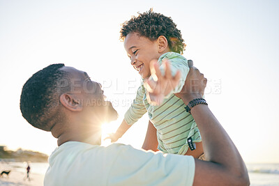 Buy stock photo Happy dad, child and beach summer fun with a father and boy together with parent care and bonding. Outdoor, sea and holiday of a black family on vacation in nature with happiness while playing 