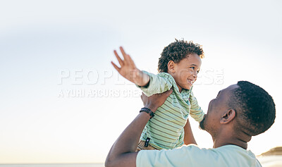 Buy stock photo Father, child and beach fun with a black family on holiday by the sea with parent care and love. Ocean, freedom and boy in the air with dad,happiness and trust in nature on vacation with mock up