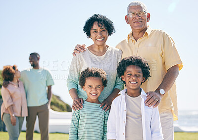 Buy stock photo Smile, beach and portrait of children with grandparents enjoy holiday, summer vacation and weekend. Black family, happy and grandpa, grandmother and kids excited for quality time, relax and bonding