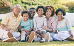 Portrait of grandparents, parents and children in garden enjoy holiday, summer vacation and weekend. Black family, happy and mother, father and kids smile for quality time, relax and bonding outdoors