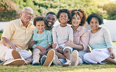 Buy stock photo Portrait of grandparents, parents and children in garden enjoy holiday, summer vacation and weekend. Black family, happy and mother, father and kids smile for quality time, relax and bonding outdoors