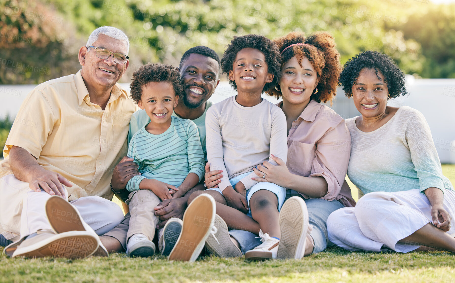 Buy stock photo Portrait of grandparents, parents and children in garden enjoy holiday, summer vacation and weekend. Black family, happy and mother, father and kids smile for quality time, relax and bonding outdoors