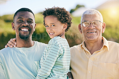 Buy stock photo Portrait, black family with a father, son and grandfather bonding outdoor in the garden together for love. Happy, kids or generations with a man, boy and senior relative standing outisde in the yard