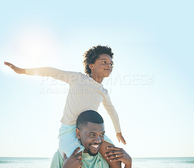 Buy stock photo Happy father, child and beach fun with a dad and boy together with parent care and bonding. Outdoor, sea and summer holiday of a family on vacation in nature with happiness while playing with a smile