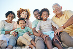 Parents, beach and portrait of children with grandparents enjoy holiday, summer vacation and weekend. Black family, happy and mom, dad and kids excited for quality time, relax and bonding on sand