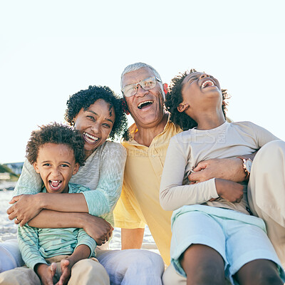 Buy stock photo Laugh, beach and children with happy grandparents enjoy bonding, quality time and relax together. Family, smile and grandpa, grandma and kids laughing at joke on holiday, vacation and weekend