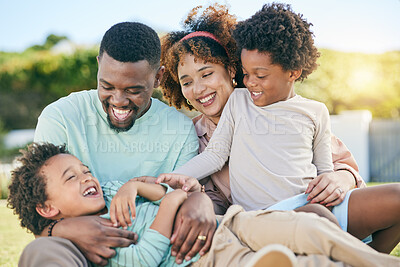 Buy stock photo Family, parents and kids, travel and vacation abroad, love and care with fun and freedom outdoor. Support, unity and happiness, mother and father with children and happy people on holiday in Jamaica