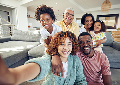 Buy stock photo Relax, smile and selfie with black family in living room for social media, bonding and proud. Happiness, picture and generations with parents and children at home for memory, support and weekend
