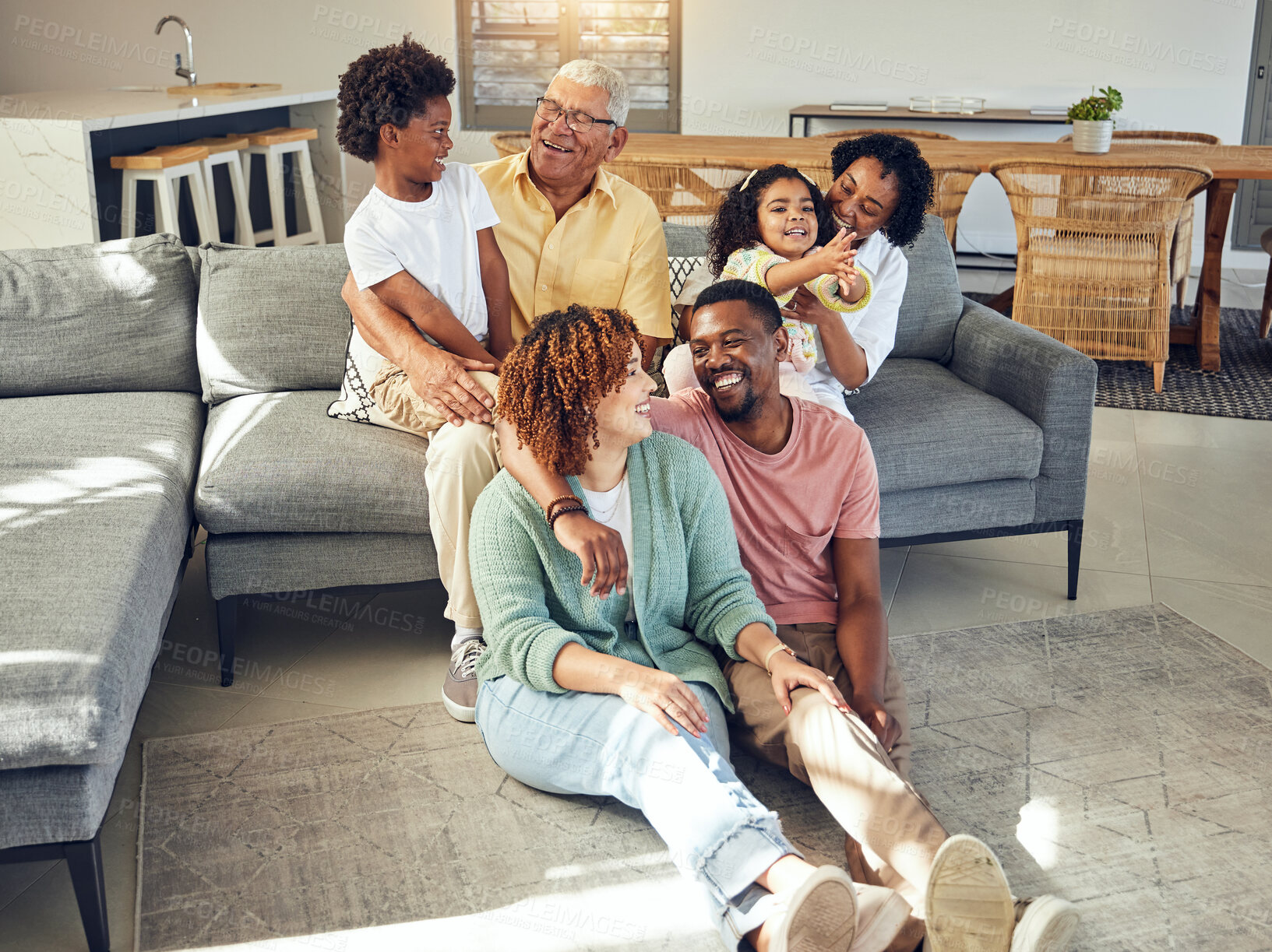 Buy stock photo Happy family, love and relax in living room with generations, support and trust, grandparents with parents and children. Together, unity and people at home with bonding, smile and happiness with care