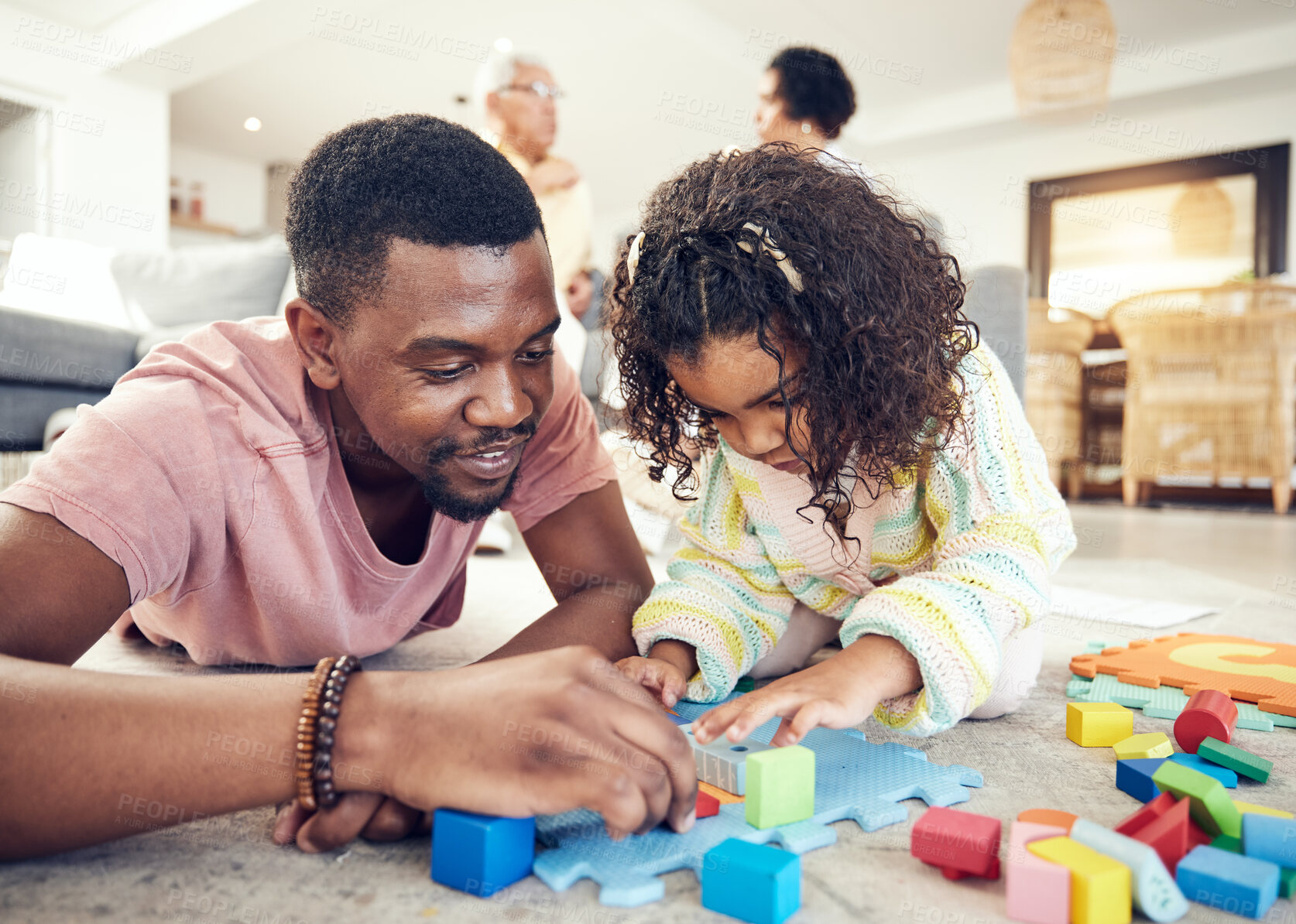 Buy stock photo Family, building blocks and dad with girl on floor in living room for playing, bonding and quality time. Love, educational toys and happy father with child with toys, relaxing and creative activity