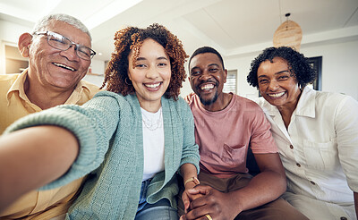 Buy stock photo Happy, smile and selfie with black family in living room for social media, bonding and relax. Happiness, picture and generations with couple and elderly parents at home for memory, support or weekend