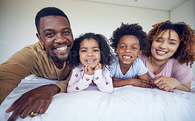 Buy stock photo Selfie, portrait and black family relax in bed, smile and cheerful in their home together. Face, photo and children resting indoors with parents, happy and posing for profile picture and memory