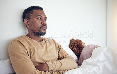 Buy stock photo Couple fight, angry black man and bedroom with a woman together feeling frustrated in a bed. Home, conflict and relationship problem of a marriage fail, divorce issue and break up stress in morning