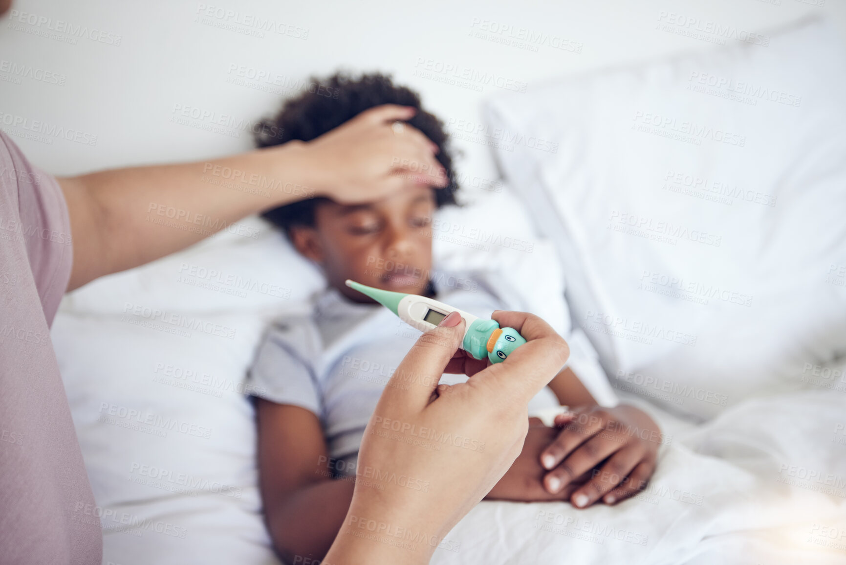 Buy stock photo Sick kid in bed, mom and thermometer, fever from cold or flu with virus and healthcare. Love, support and health problem, woman check temperature of boy at family home and illness with medical care