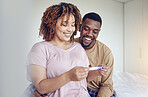 Couple with pregnancy test results, fertility and people having a baby, happy with love and care at home. Interracial, black man and pregnant woman, start family with new mother and father with smile