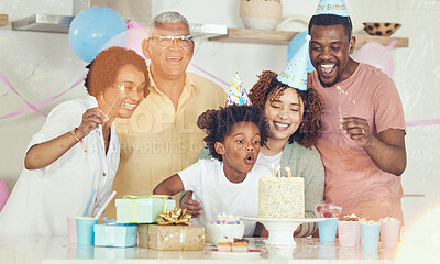 Buy stock photo Birthday, party and cake with family in kitchen for celebration, bonding and affectionate. Happiness, excited and grandparents with parents and child at home for surprise, fun and  event 