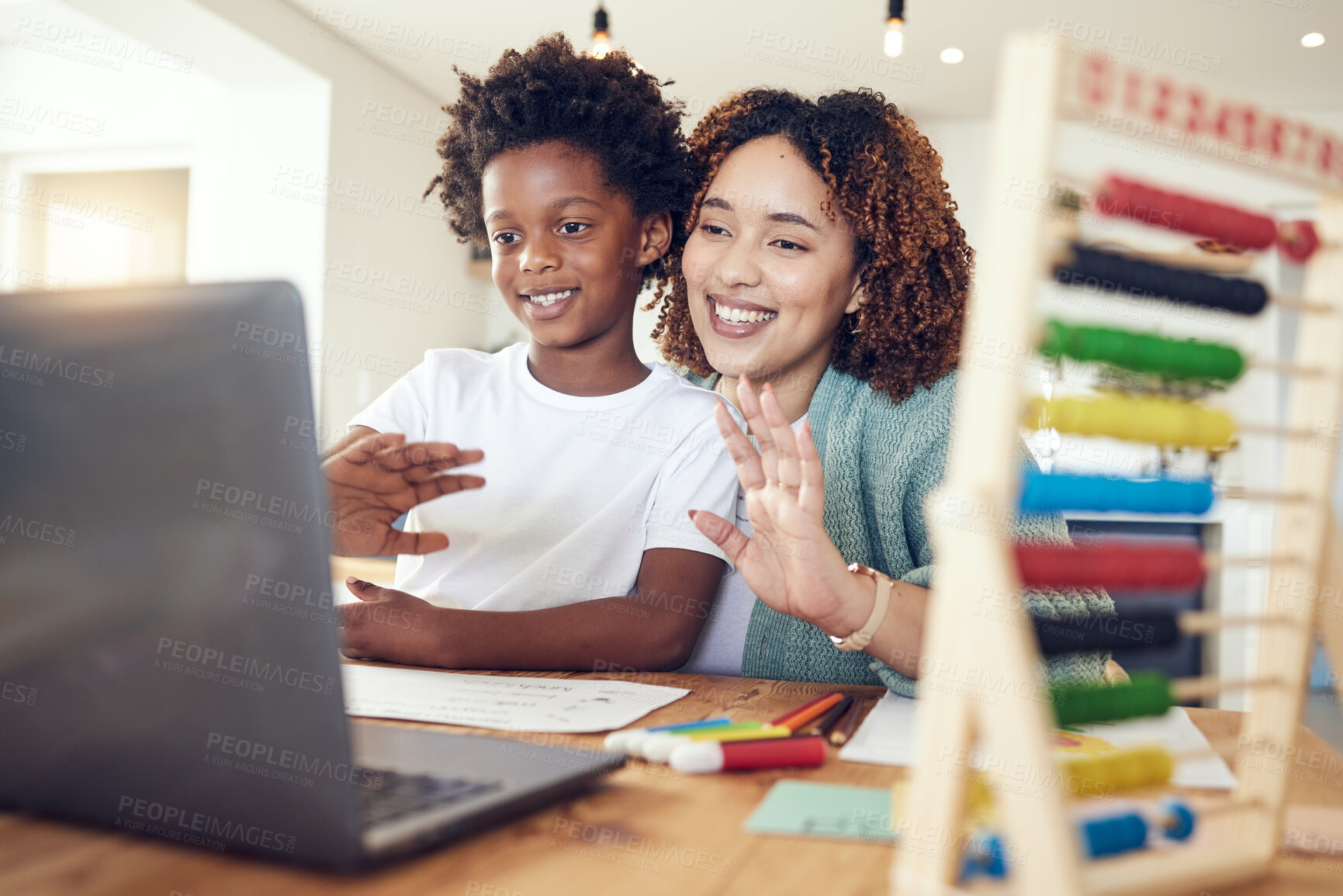 Buy stock photo Wave, mother and kid with laptop for video call, online meeting and webinar. Black family, computer and smile of happy mixed race mama with boy waving in virtual chat for hello, greeting or talking.