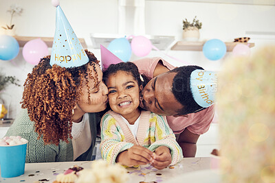 Buy stock photo Birthday, party and kiss with black family in kitchen for celebration, bonding and affectionate. Happiness, excited and care with parents and child at home for surprise, fun and special event 