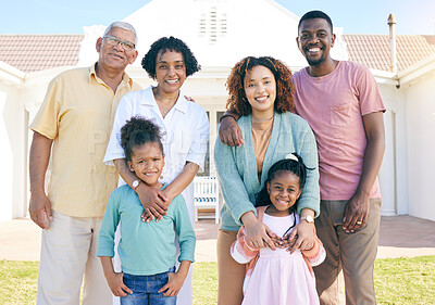 Buy stock photo Happy portrait of an interracial family outside house with a smile, happiness and care on the lawn. Visit, together and parents, grandparents and children with love, smiling and bonding in garden