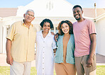 Portrait of happy family with property, new house or holiday together with senior people, mother and father. Excited biracial people hug outdoor for real estate, vacation house and retirement love