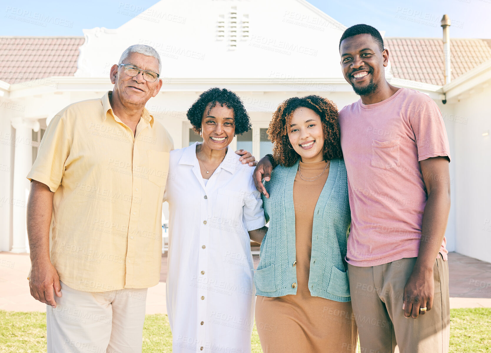 Buy stock photo Portrait of happy family with property, new house or holiday together with senior people, mother and father. Excited biracial people hug outdoor for real estate, vacation house and retirement love