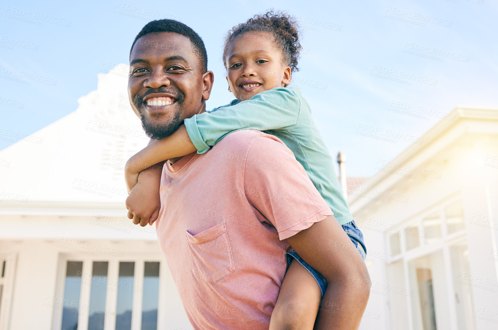 Buy stock photo Portrait, piggy back and black father with girl, happiness and quality time outdoor, fun and playful. Face, family or African American dad carry daughter, smile or bonding together, loving or outside