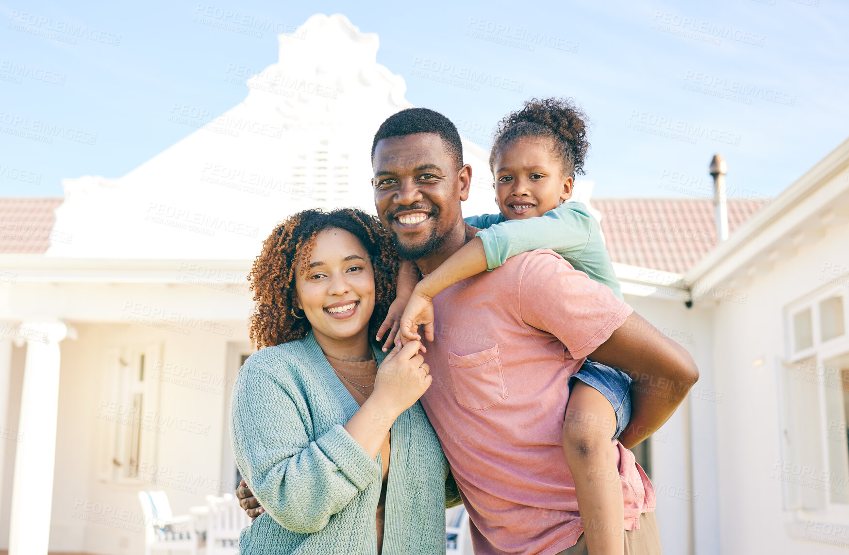 Buy stock photo Black family, portrait smile and hug for real estate, new home or property together in the outdoors. Happy mother and father with daughter on piggyback smiling for mortgage, house loan or investment