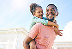 Mockup, piggy back and black father with girl, quality time and playful outdoor, happiness and loving. African American dad carry daughter, happy child and kid with smile, fun and cheerful outside