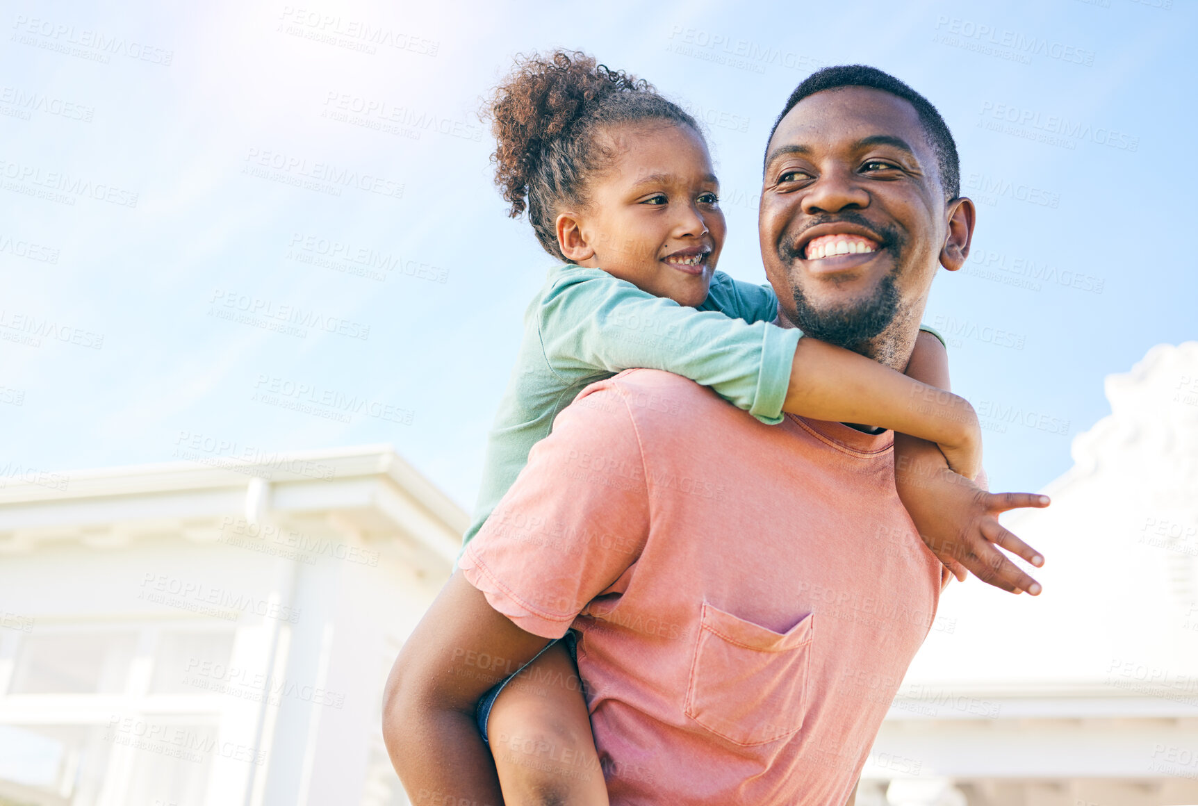 Buy stock photo Mockup, piggy back and black father with girl, outside new house and playful family with love and happiness. African American dad carry daughter, happy child and kid with smile, fun and cheerful