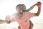 Child, black man and piggy back on beach on playful family holiday in Australia with freedom, fun and energy. Travel, fun and happy father and girl with smile playing and bonding together on vacation