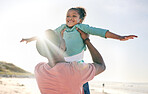 Black man, girl and airplane game at ocean on playful family holiday in Australia with freedom and energy. Travel, fun and happy father and child with smile playing and bonding together on vacation.