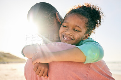 Buy stock photo Beach, kid and happy black family hug, embrace and bond on outdoor vacation for peace, freedom and quality time. Sunshine flare, nature love and African youth child, father or people smile in Nigeria