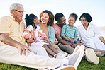 Family, smile and generations outdoor, happy people relax on lawn with grandparents, parents and kids. Happiness, unity and sitting together on grass, diversity and love with relationship and bond