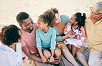 Big family, grandparents or children at beach to relax with girls or siblings on summer holiday together. Happy African dad, mom or young kids love bonding or relaxing with grandmother or grandfather