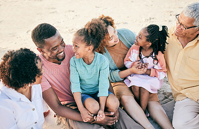 Buy stock photo Big family, grandparents or children at beach to relax with girls or siblings on summer holiday together. Happy African dad, mom or young kids love bonding or relaxing with grandmother or grandfather