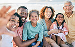 Family, selfie and travel, generations in portrait with happiness outdoor on beach, memory and together with love. Grandparents, parents and children, happy people with smile in picture and holiday