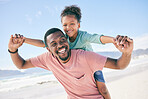 Child, black man and piggy back at ocean on playful family holiday in Australia with freedom, fun and energy. Travel, fun and happy father and girl with smile playing and bonding together on vacation