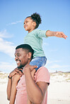 Blue sky, black man with child on shoulders and piggy back on family beach holiday in Australia with ocean fun. Travel, smile and happy dad and girl playing, flying and bonding together on vacation.