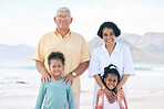 Happy portrait, peace and family on beach holiday for calm, freedom and outdoor quality time together. Nature sunshine, ocean sea sand and Mexico children, grandparents or people smile on vacation 