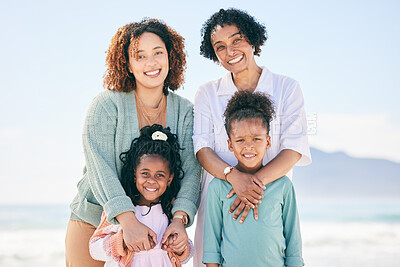 Buy stock photo Happy portrait, nature and family on beach holiday for peace, freedom and outdoor quality time together. Love, ocean sea sand and Mexico children, grandmother and mother smile with vacation sunshine