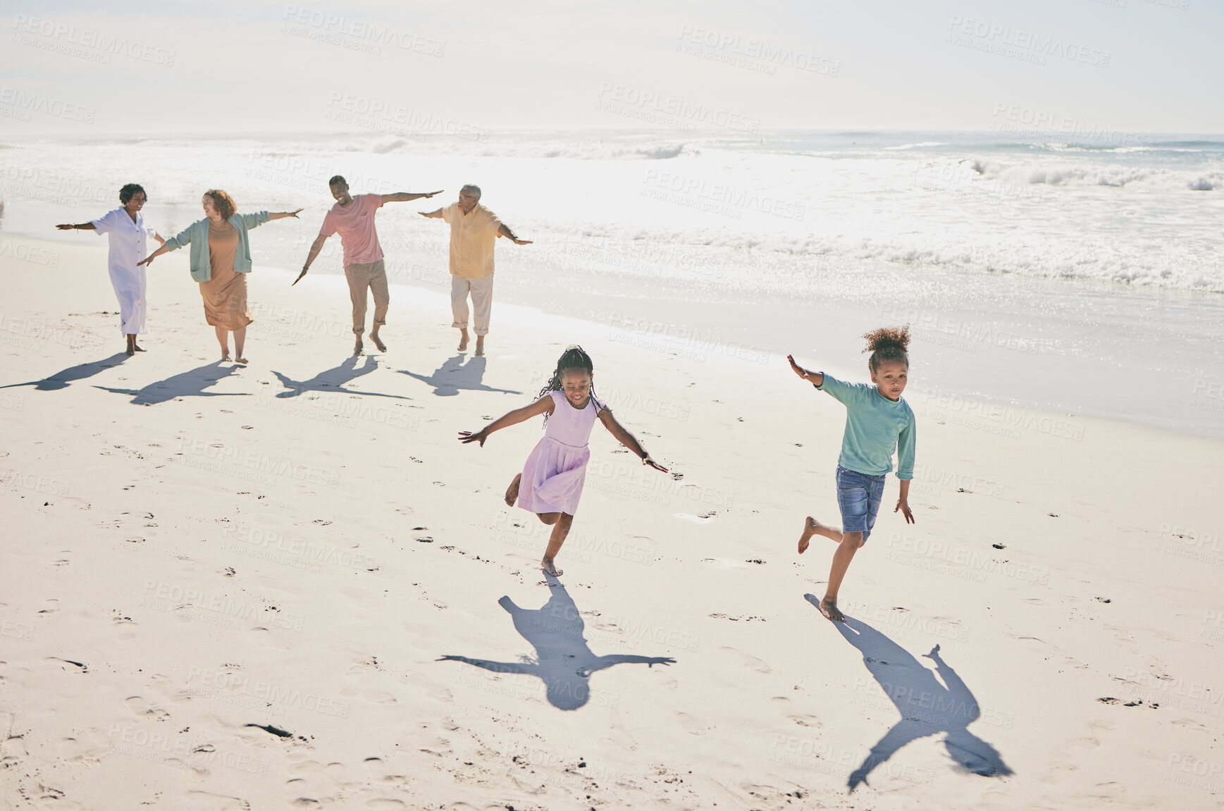 Buy stock photo Family have fun on beach, freedom and travel, generations and happy people outdoor, grandparents with parents and kids. Adventure, carefree and excited, running and playful with happiness on vacation