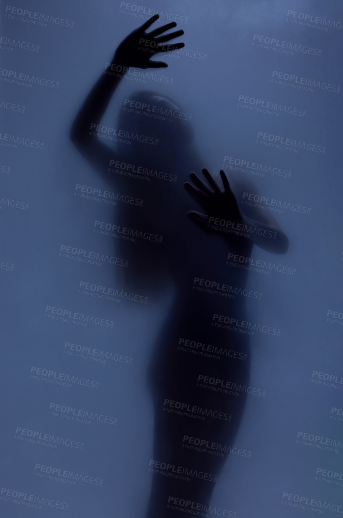 Buy stock photo Woman silhouette, curtain and sexy shadow with creative art deco, window or palm with body health. Girl, model and hands on glass with smoke, dark aesthetic and sensual person or wellness by screen