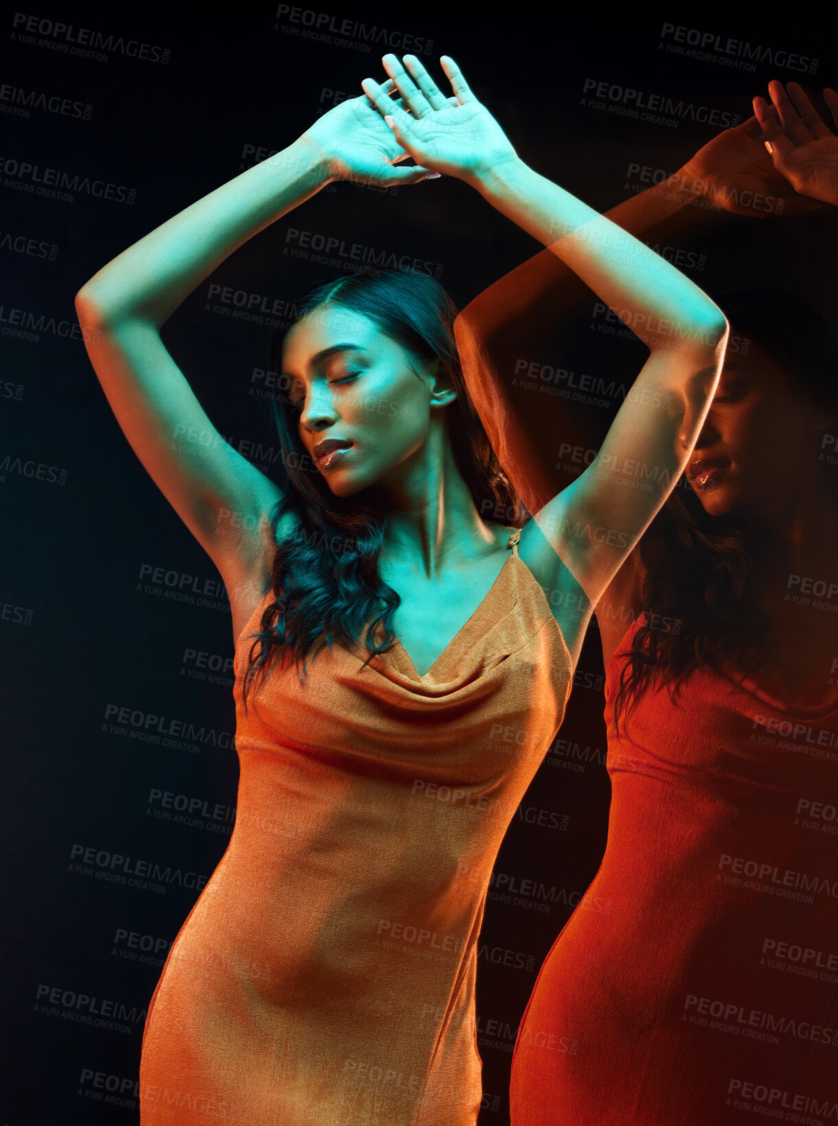 Buy stock photo Green neon light, dance and double exposure of woman with beauty and fashion art aesthetic. Creative lighting, young female and model with dark background in studio with modern style and dancing