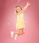 Child, jump and bubbles for a smile portrait in studio with a pink background for fun. Female kid model jumping with happiness, creativity and cheerful face isolated on gradient color and space
