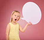 Speech bubble, shock and portrait of child on pink background for news, announcement and opinion. Speaking, talking mockup and girl with surprise face and poster, banner and billboard space in studio