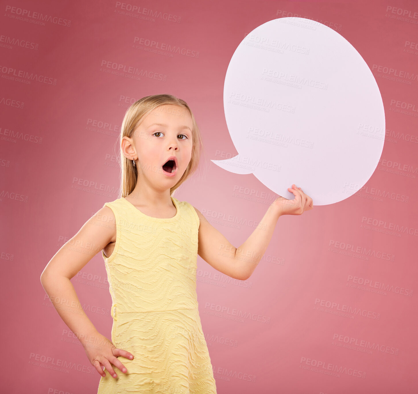 Buy stock photo Speech bubble, talking and portrait of child on pink background for news, announcement and opinion. Speaking, communication and girl with open mouth and poster, banner and billboard space in studio