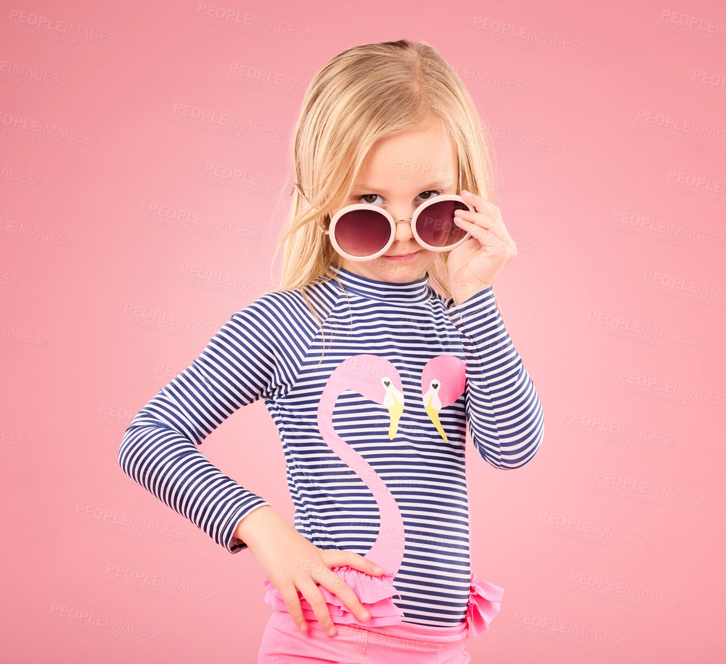 Buy stock photo Holiday, portrait of child in studio with sunglasses and fun clothes isolated on pink background. Summer, vacation and fashion for children, girl in Australia on travel in serious face and beachwear